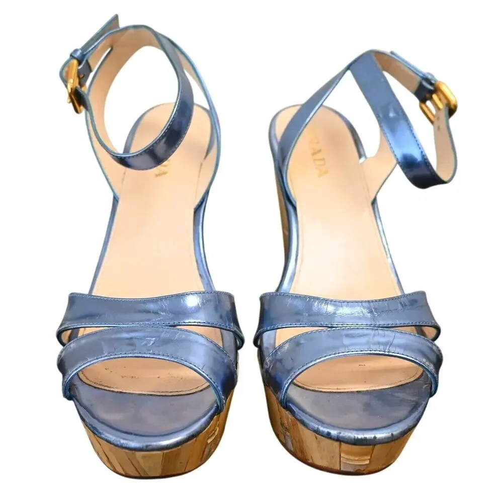 Prada Blue Metallic Leather Bamboo Wedge Platform Sandals Size 39